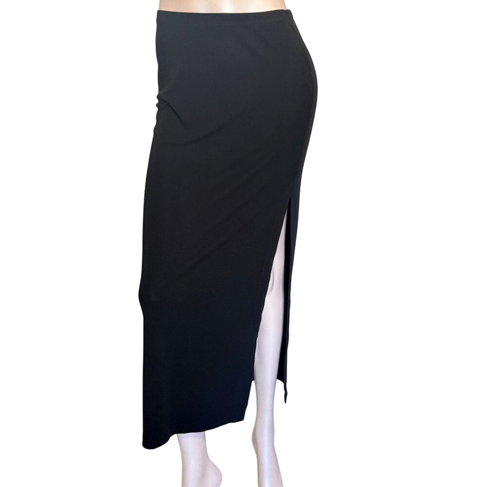 BCBG Max Azria Maxi Skirt Womens XS Black Rayon Stretch High Side Slit 90s